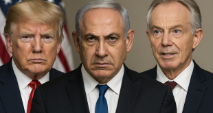 Donald Trump, Tony Blair e Benjamin Netanyahu come simboli del Piano Trump Gaza con colomba della pace e Gaza sullo sfondo.
