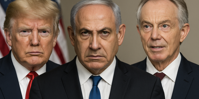 Piano Trump Gaza: amnistia e ritiro graduale con Blair 1 Donald Trump, Tony Blair e Benjamin Netanyahu come simboli del Piano Trump Gaza con colomba della pace e Gaza sullo sfondo.