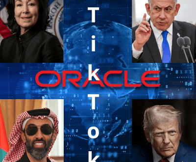 Illustrazione politica che rappresenta la narrativa secondo cui Israele ha comprato TikTok attraverso investitori e alleati americani.